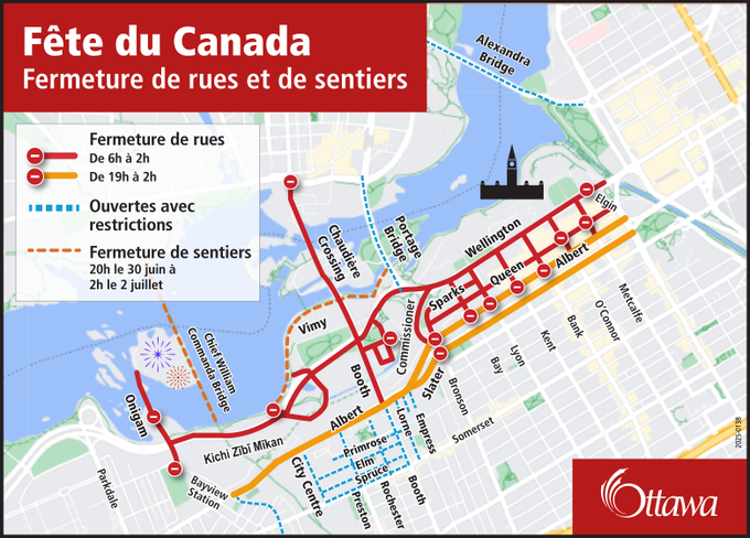 Carte des fermetures de routes au centre-ville pendant la fête du Canada.