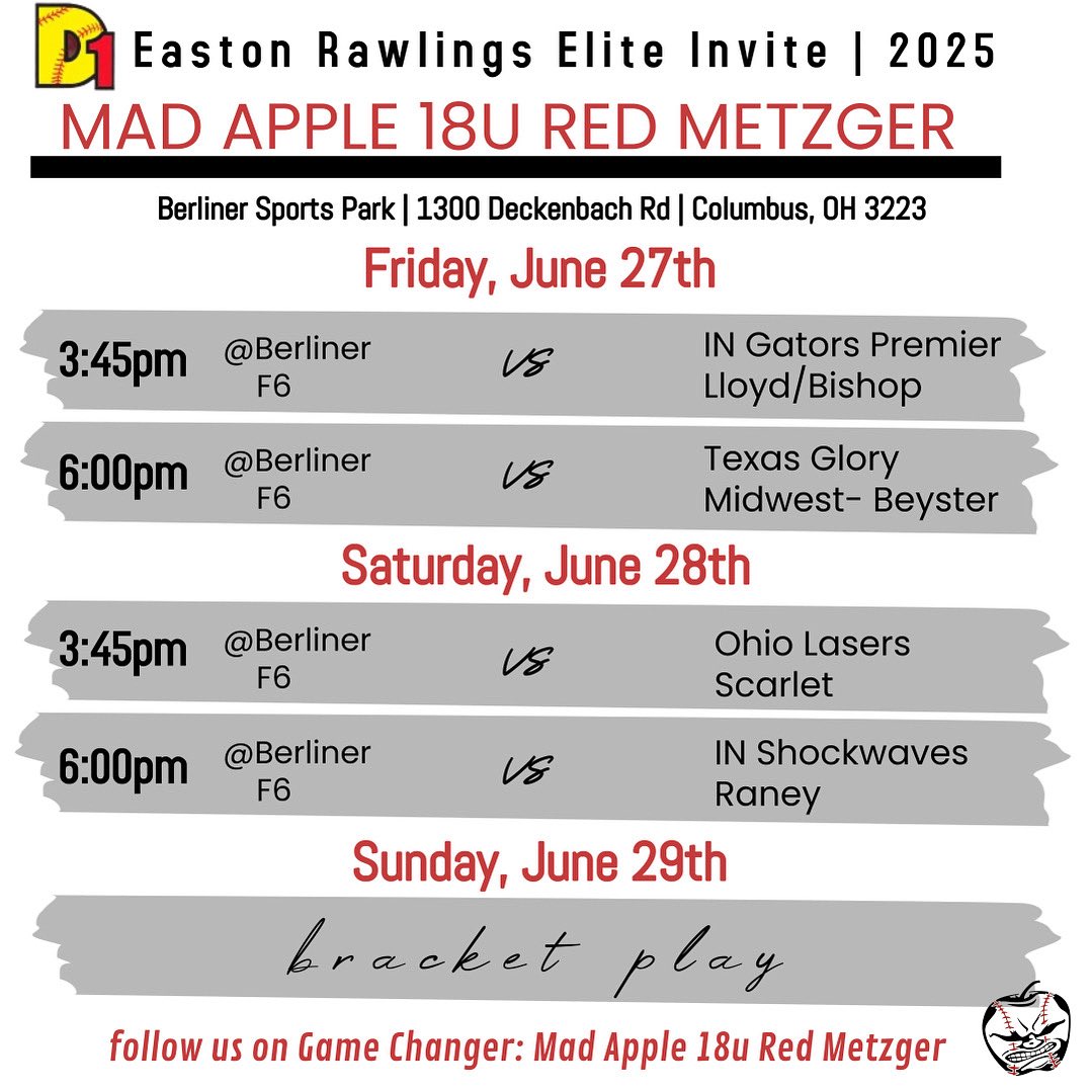 Three events left this summer and next up is the D1 Easton Rawlings, this weekend at Berliner in Columbus, OH! 

Let’s get it. 😡🍎💪
