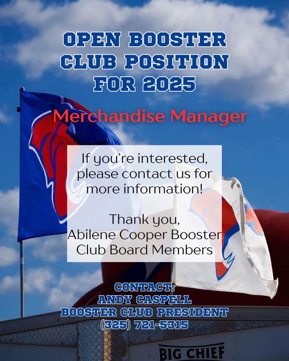Cooper_boosters's tweet image. 🚨 OPEN POSITION 🚨
Want to get involved and make an impact? The Abilene Cooper Booster Club is looking for a Merchandise Manager to join our team!
If you have a passion for school spirit and a talent for gear, we’d love to hear from you!
Contact Andy Caspell @ (325) 721-5315
