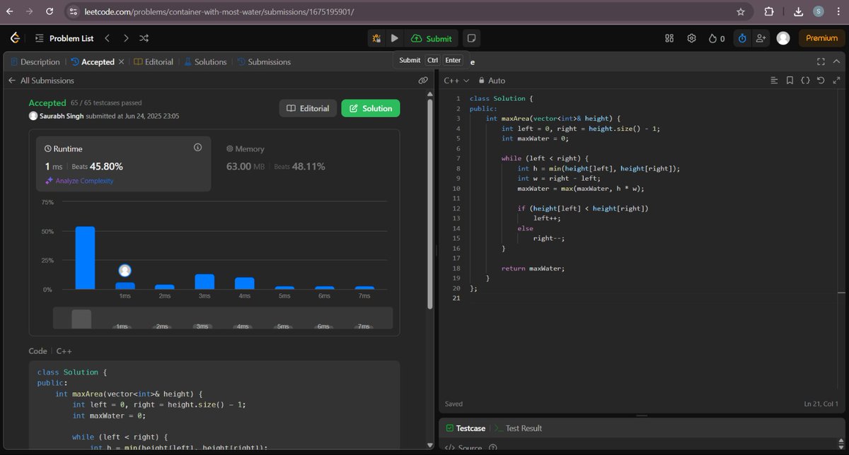 ByteSaurabh's tweet image. Container With Most Water 🚰
Two-pointer technique → O(n) | O(1)
👉 Move pointer at smaller height
Fav LeetCode Medium in FAANG interviews! #LeetCode #TwoPointer #CodingPrep #EngineeringLife #day5 #dsachallenge #cplusplus