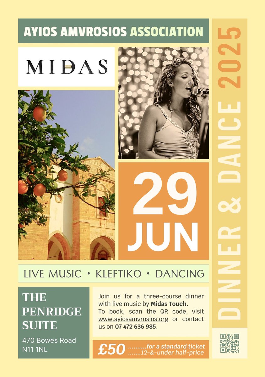 Ayios Amvrosios Association UK Dinner &amp; Dance. Sun 29 June 2025. Penridge Suite, Arnos Grove, N11 1NL. Doors open 5.30pm, dinner 6pm.  Live music from Midas Touch. Book your place/find out more: ayiosamvrosios.org <a href="/AyiosAmvrosios/">Ayios Amvrosios</a>