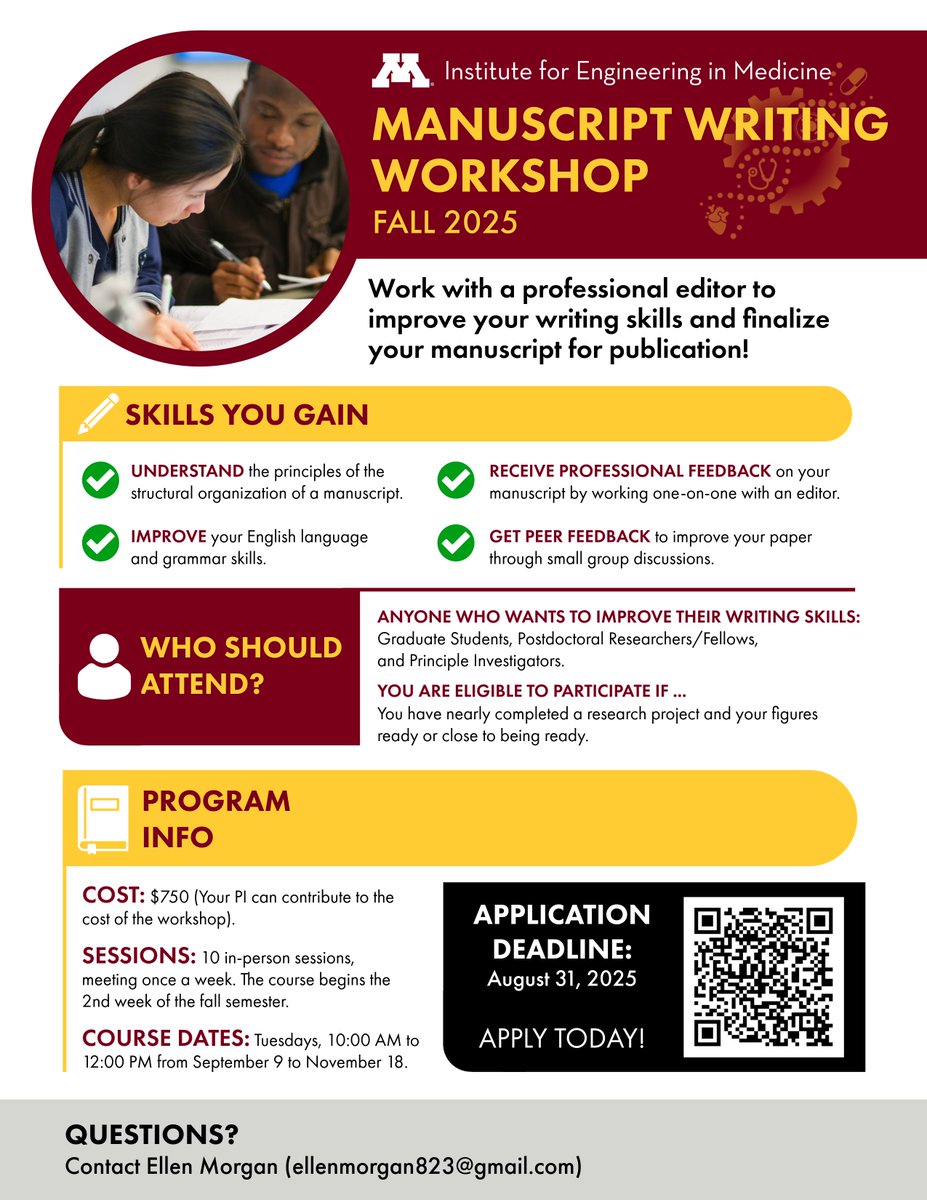 Work with a professional editor to improve your writing skills and finalize your manuscript for publication at #UMNIEM Manuscript Writing Workshop Fall 2025!

🗓️ 10-week (in-person only) 
✍️ Apply by August 31: bit.ly/3FV0QMF