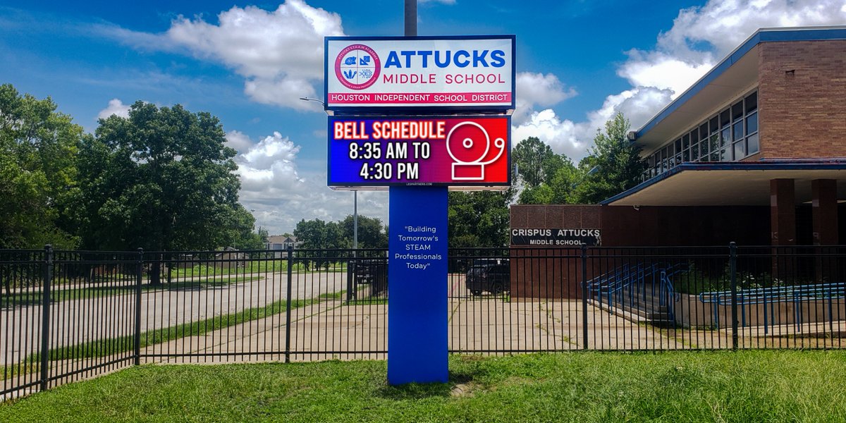 ledpartnershtx's tweet image. Another great install at Attucks Middle School for @HoustonISD  A complete project featuring a brand-new LED marquee and custom monument sign. 
#LEDPartners #LEDMarquee #MonumentSign #HoustonISD #AttucksMiddleSchool #DigitalSignage