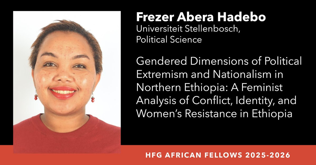 Harry Frank Guggenheim Foundation (@hfguggenheim) on Twitter photo 2025–26 <a href="/HFGuggenheim/">Harry Frank Guggenheim Foundation</a> African Fellow <a href="/frezer_abera/">Frezer Abera</a>, of <a href="/StellenboschUni/">Stellenbosch University</a>, is analyzing the impacts of extremism and nationalism on displaced women in Northern Ethiopia.
Learn more: hfg.org/african-fellow…
#GenderAndConflict #Displacement #Ethiopia 2025–26 <a href="/HFGuggenheim/">Harry Frank Guggenheim Foundation</a> African Fellow <a href="/frezer_abera/">Frezer Abera</a>, of <a href="/StellenboschUni/">Stellenbosch University</a>, is analyzing the impacts of extremism and nationalism on displaced women in Northern Ethiopia.
Learn more: hfg.org/african-fellow…
#GenderAndConflict #Displacement #Ethiopia