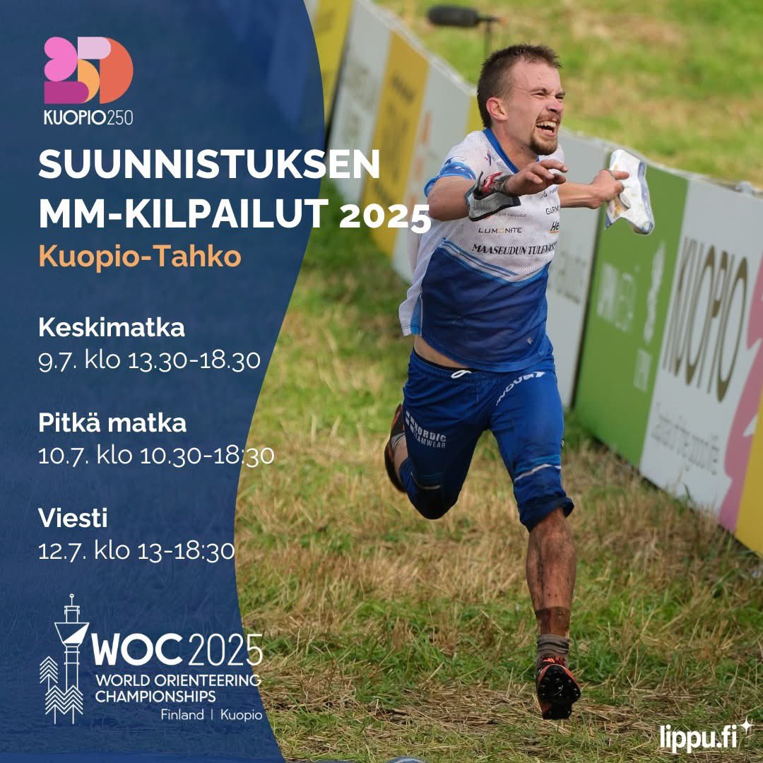 Aika suunnistuksen MM-kilpailujen 2025 alkamiseen Kuopiossa lasketaan jo päivissä. Olemme koostaneet verkkosivuille tietoa tulevista tapahtumista katsojanäkökulmasta, joten käy lukemassa lisää: woc2025.fi/etusivu/