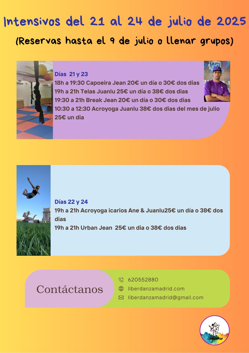 LiberdanzaMad's tweet photo. Aquí tenemos la propuesta de #intensivos para el mes de julio, tienen aforo limitado y fecha límite para apuntarse. Cualquier duda o interés, nos llamas. #acroyoga #break #telasaereas #salsa #bachata #urban #heels #bollywood #danzadelvientre #manoamano #hand2hand #zumba #baile https://t.co/NAW4DK6gou
