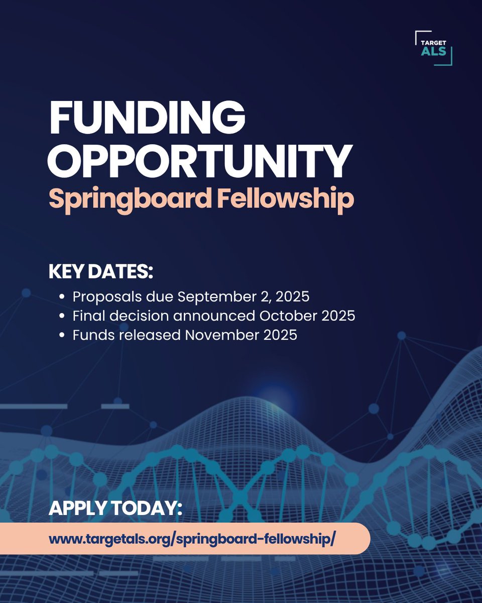 TargetALS_fdn's tweet image. New Funding Opportunity: Springboard Fellowship
The Target ALS Springboard Fellowship supports senior lab fellows pursuing careers in #ALS #FTD research transition to an independent academic tenure track or equivalent positions.
Apply today: targetals.org/springboard-fe…