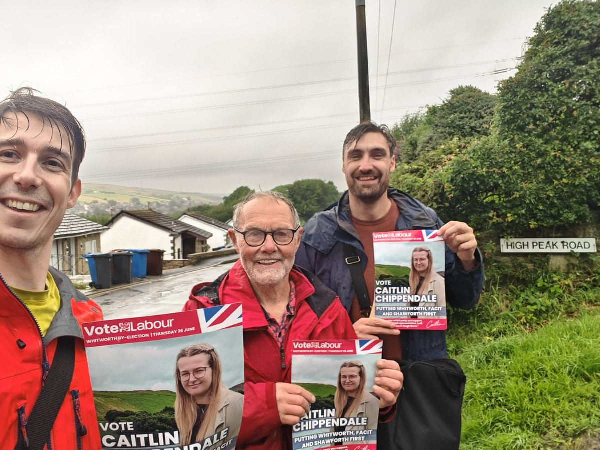 Thanks to Liam, Nick and Anthony for sterling work today delivering Caitlin Chippendale's leaflet in the rain! Caitlin is our candidate for the #whitworthbyelection and will make an excellent local councillor. #VoteLocal #VoteCaitlin #VoteLabour🌹#26June