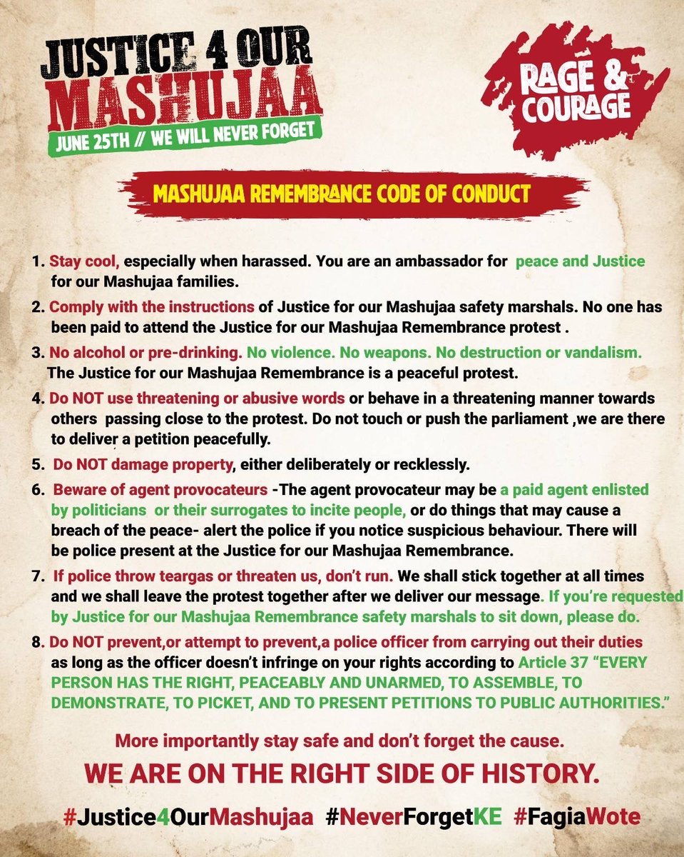 Tomorrow, we stand together- as brothers and sisters, united under the Kenyan flag 🇰🇪 
Let’s protect one another.

May we stay shielded from violence, political interference, and the brutality of bloodthirsty police.

Solidarity. Solidarity. Solidarity. ✊🏾