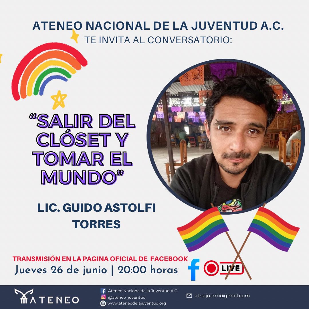 Salir del Clóset y Tomar el Mundo ✨🌈

Acompáñanos en esta conversación íntima y poderosa, donde compartiremos experiencias, reflexiones y caminos diversos dentro de la comunidad LGBTTTIQ+.🏳️‍🌈🏳️‍⚧️

#SomosAteneo #Orgullo