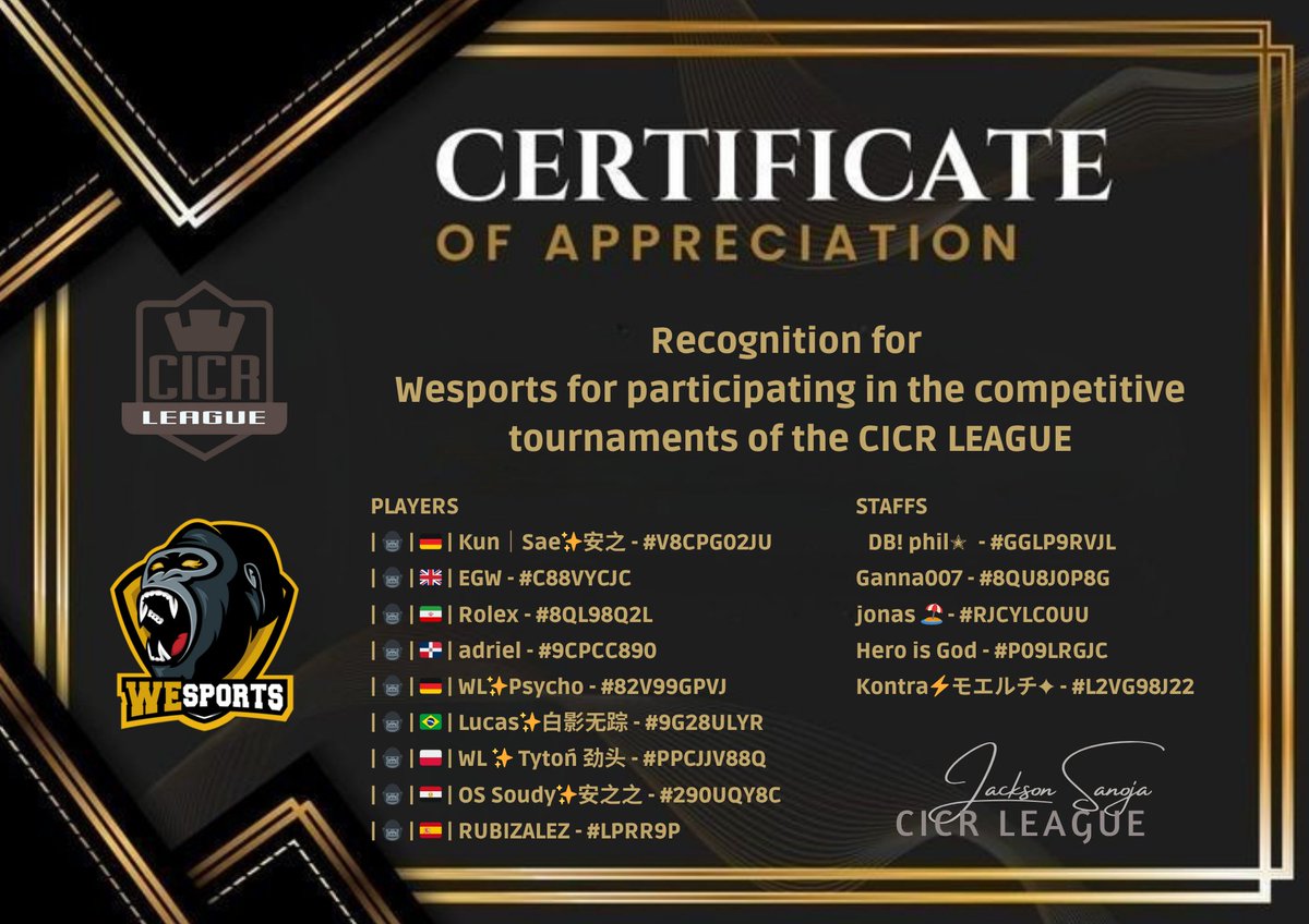 🏆 <a href="/clash_comu26150/">Comunidad Internacional Clash Royale</a>
🎖️Reconocimiento para
 <a href="/WeSports_CR/">WeSports</a> por haber participado en la CICR LEAGUE.🔥🔥🔥

#Clashroyale #CRL #CICR #clash_comu26150