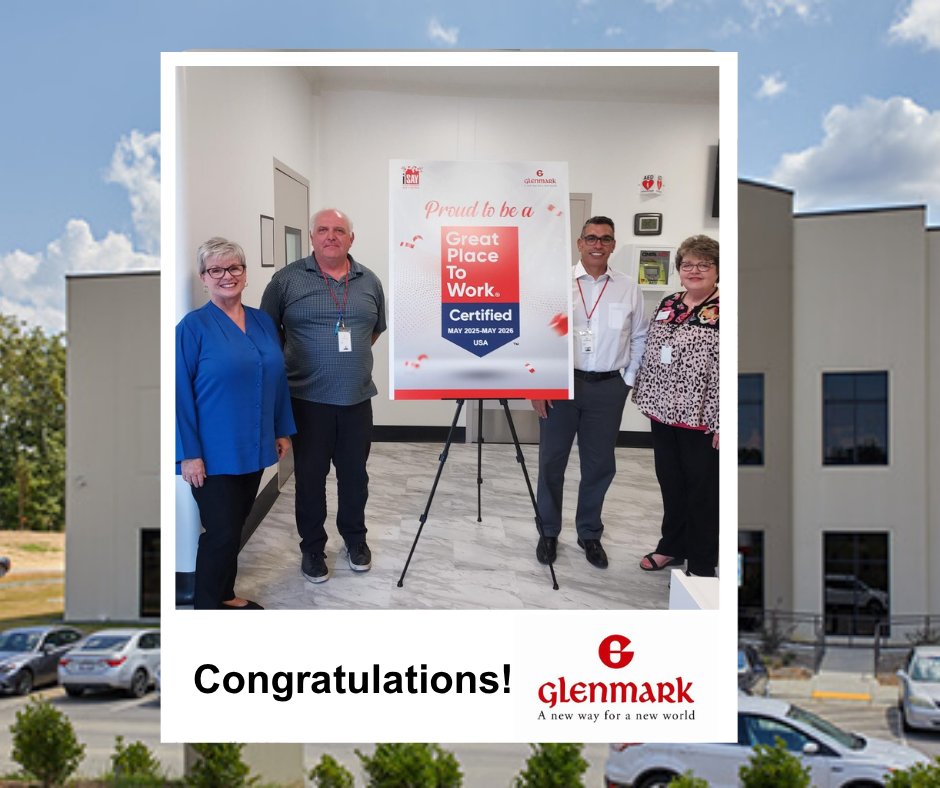 During a visit to Glenmark Pharmaceuticals, we were happy to see their "Great Place to Work" certification. Congratulations!
Pictured: Pat Kahle (retired CEO), Jesse Ross (Dir. Aseptic Compliance Training &amp; QABR), Wilfredo Ortiz (VP), Helen Thomas (Interim President/CEO).
