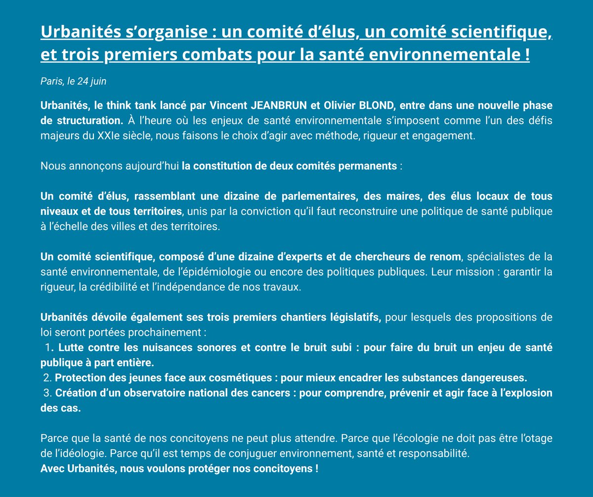 🗞Urbanités s'organise ! 🇫🇷

➡️Un comité d'élus avec des parlementaires, des maires, des élus régionaux et départementaux. 
➡️Un comité scientifique avec des experts.

✅Trois premiers combats législatifs : le bruit, les cosmétiques, le cancer. #Urbanités #Santé #Environnement