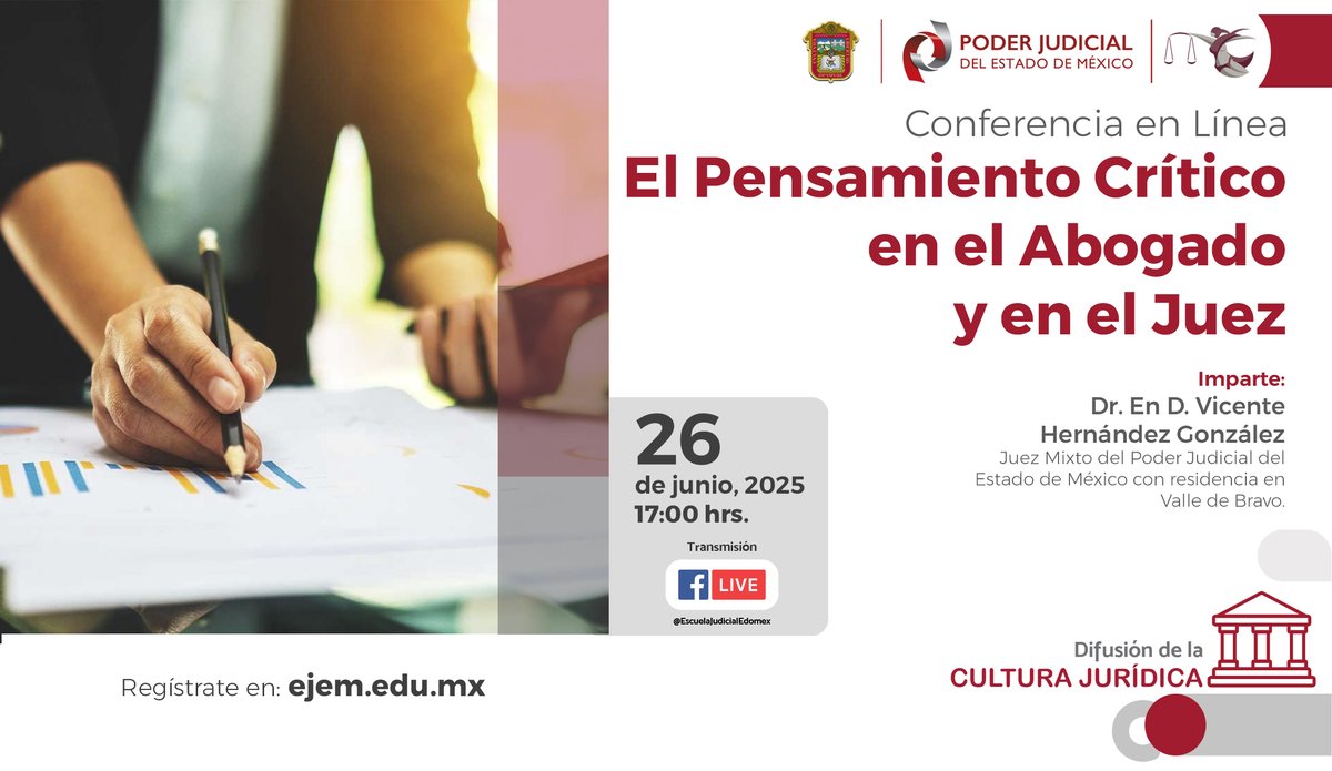 "El Pensamiento Crítico en el Abogado y en el Juez"
Se parte de nuestro Programa de Difusión de la Cultura Jurídica y regístrate aquí:
siejem.pjedomex.gob.mx/siejem/View/Pa…

#EscuelaJudicialCapacitarParaServir #EnseñamosLaJusticia #EnUnidadParaServir
#difusióndelaculturajurídica