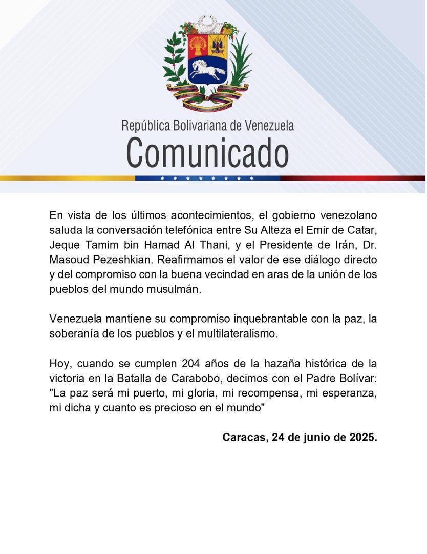 #Comunicado 📢 La República Bolivariana de Venezuela saluda con esperanza y compromiso el anunciado cese al fuego y de hostilidades, producto de las agresiones injustificadas de Israel y los Estado Unidos de América a la República Islámica de Irán. #iran