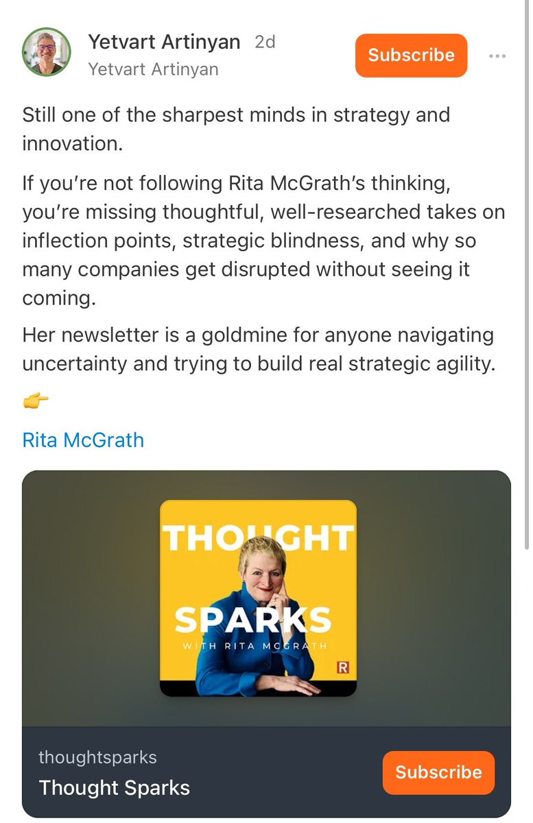 Thanks to Yetvart Artinyan for this glowing review of Thought Sparks! Published biweekly on Tuesdays, Thought Sparks tie in new and enduring ideas around innovation and strategy with today’s business trends.

Find #ThoughtSparks on Substack:
thoughtsparks.substack.com