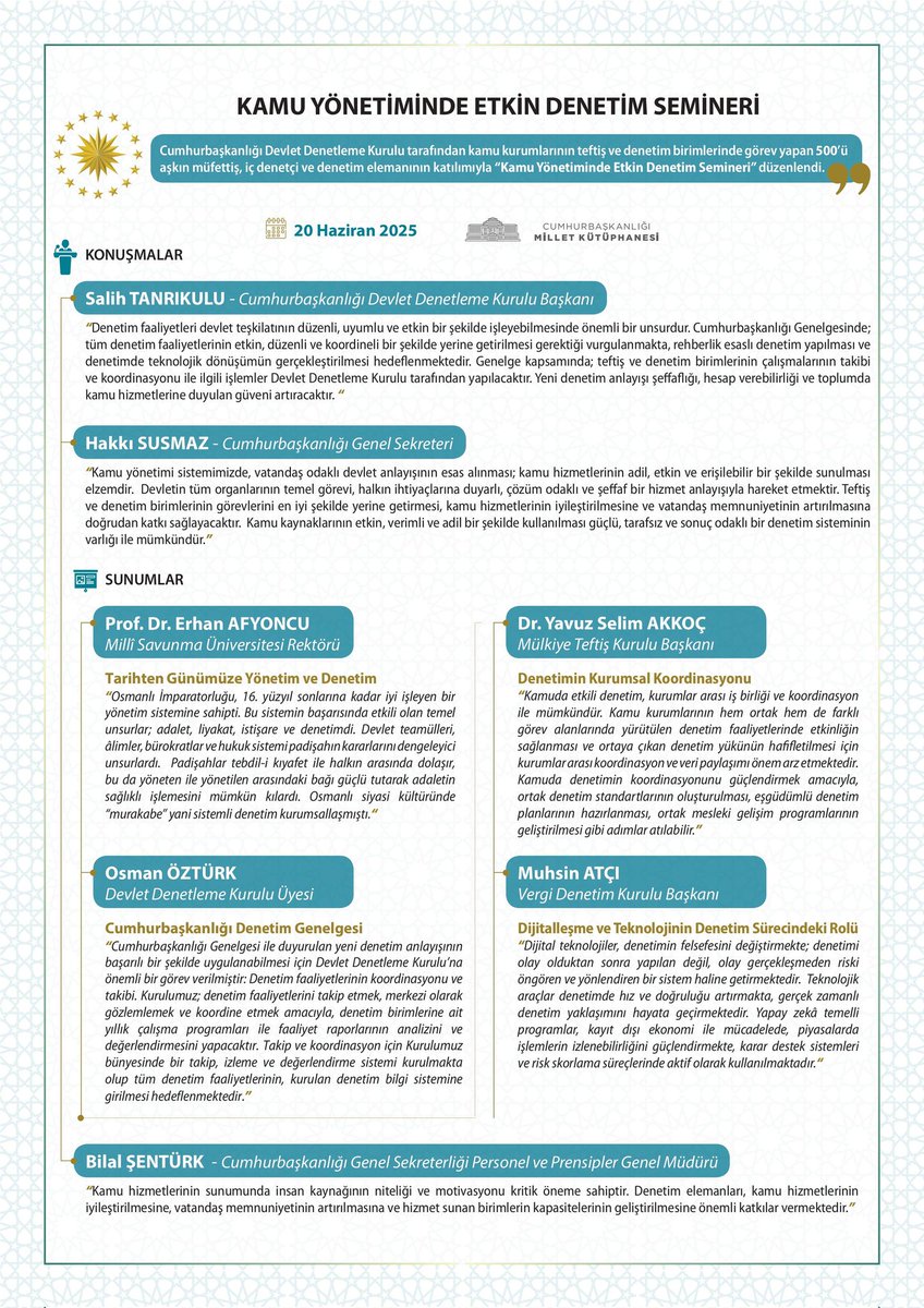 ☑️ Kamu kurum ve kuruluşlarımızın teftiş ve denetim birimlerinde görevli meslektaşlarımızla birlikte 20 Haziran 2025 tarihinde düzenlediğimiz Kamu Yönetiminde Etkin Denetim Seminerinde önemli konuları değerlendirme imkanı bulduk. 

☑️ "Rehberlik, Teftiş ve Denetim Faaliyetlerinin