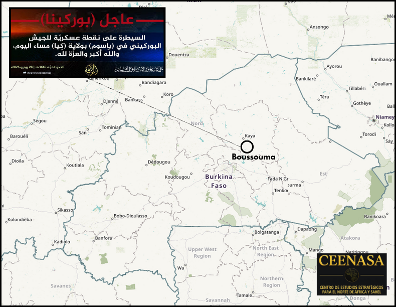 Centre498274's tweet photo. #BURKINA FASO 🇧🇫
On June 24 evening, the #JNIM claimed to have taken a Burkinabe military post in #Boussouma, #Kaya province. https://t.co/TXVLLNYudh