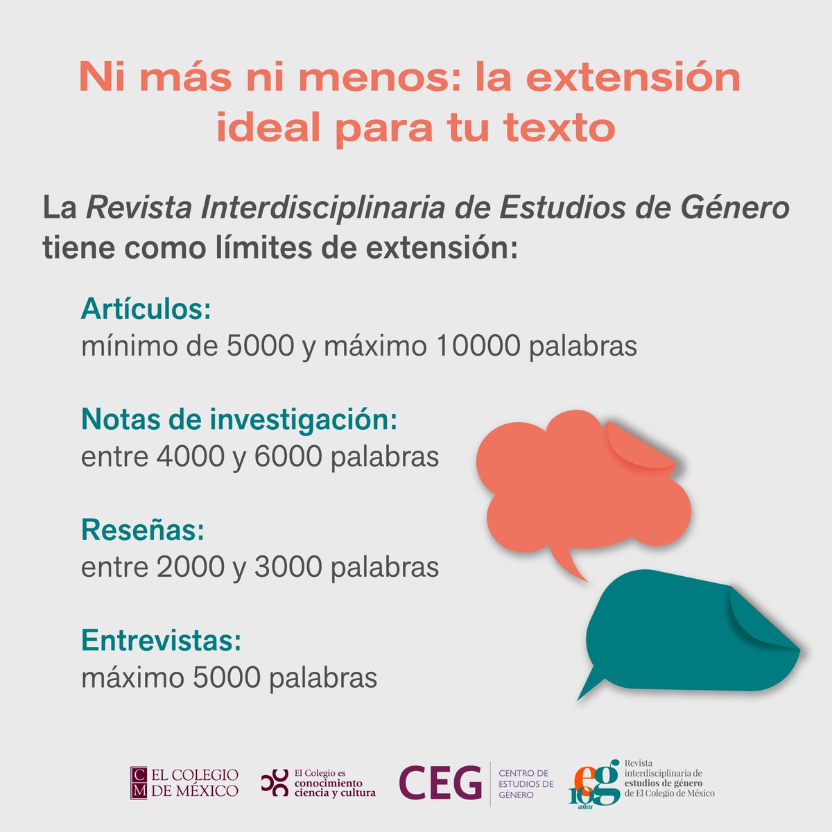 estudiosdgenero's tweet image. 🗨️¿Quieres mandar tu texto a la RIEG?
Te contamos los límites de extensión que aceptamos en nuestras diferentes modalidades.
💡Recuerda: ni más ni menos.