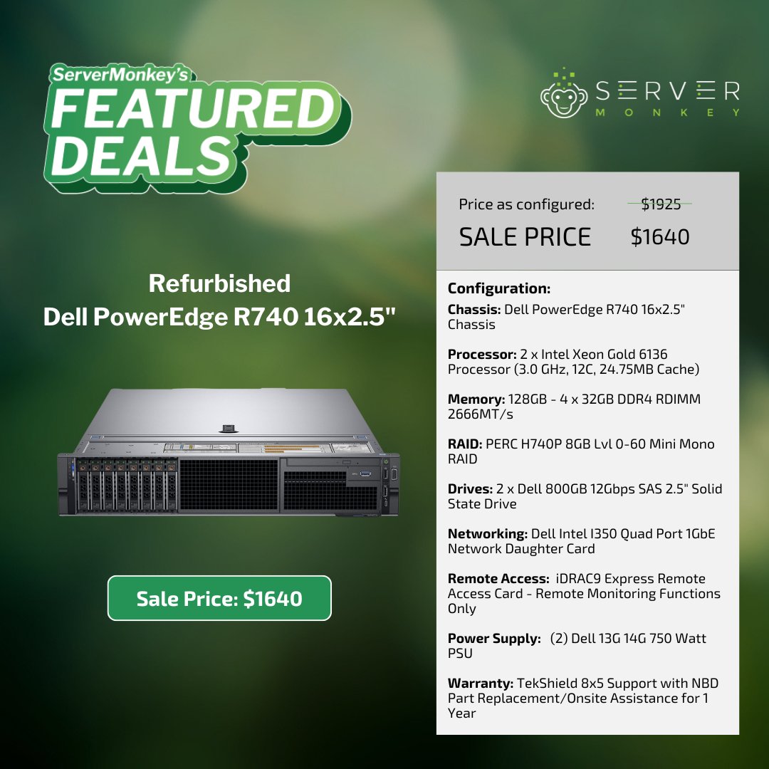ServerMonkey (@myservermonkey) on Twitter photo Performance upgrade! 15% off Dell PowerEdge #R740: Now $1,640! Dual Xeon Gold 6136 CPUs, 128GB RAM, 1.6TB SSD storage, PERC H740P with 8GB cache, TekShield Support.
🌐: hubs.ly/Q03tqmYM0
👨💻: 1-855-432-8918 | sales@servermonkey.com
#ServerMonkeyFeaturedDeal Performance upgrade! 15% off Dell PowerEdge #R740: Now $1,640! Dual Xeon Gold 6136 CPUs, 128GB RAM, 1.6TB SSD storage, PERC H740P with 8GB cache, TekShield Support.
🌐: hubs.ly/Q03tqmYM0
👨💻: 1-855-432-8918 | sales@servermonkey.com
#ServerMonkeyFeaturedDeal