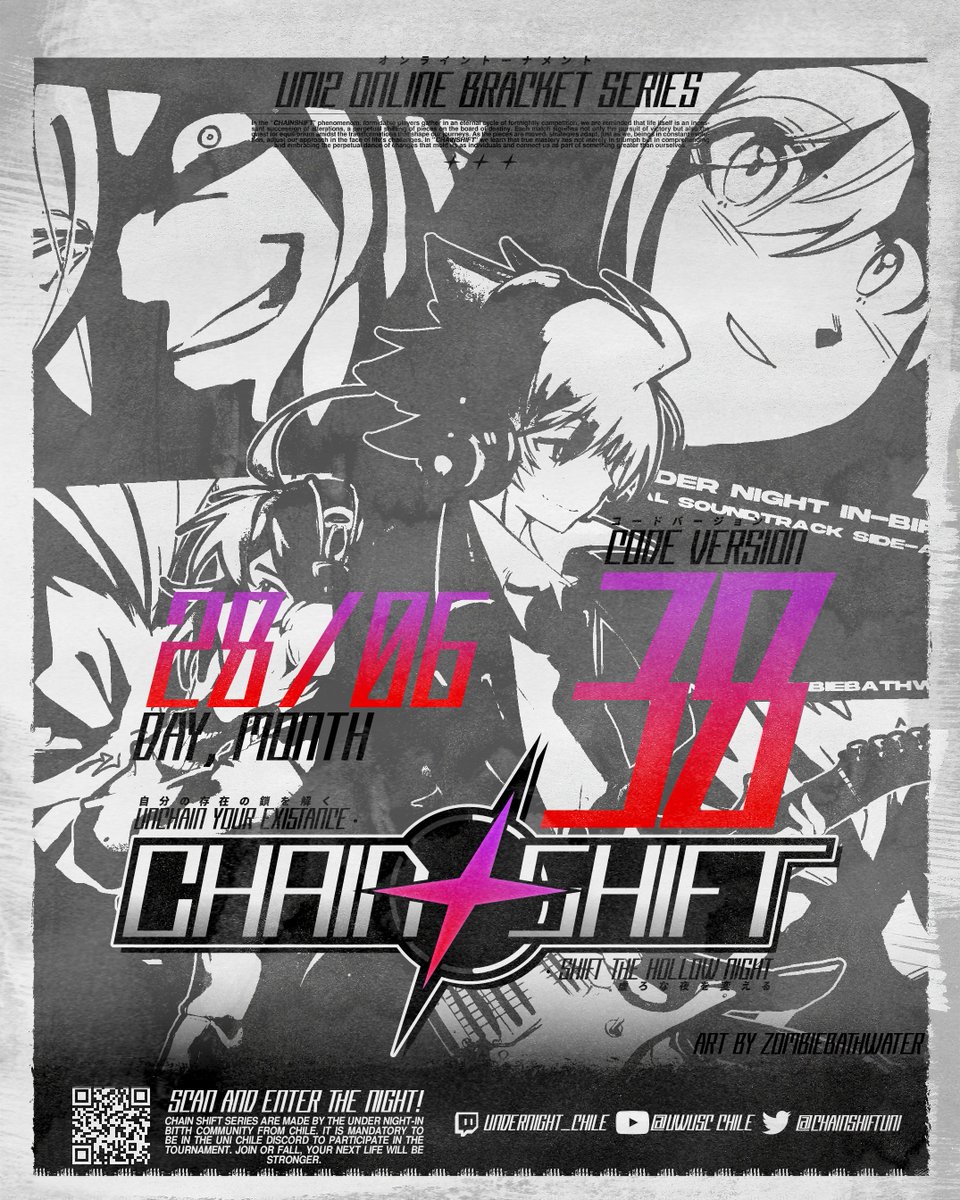 Chain Shift Series (@chainshiftuni) on Twitter photo Chain Shift 38 este sábado 21:00 hrs (hora chile UTC-4)
challonge.com/chainshift38
Sólo para jugadores de Chile 🇨🇱 y/o presentes en Chile.
Coordinación del torneo en el server y stream de Under Night Chile
discord.com/invite/CYY5fhb
Nos vemos!
Arte: <a href="/zombiebathwater/">sora (also on 🦋)</a> Chain Shift 38 este sábado 21:00 hrs (hora chile UTC-4)
challonge.com/chainshift38
Sólo para jugadores de Chile 🇨🇱 y/o presentes en Chile.
Coordinación del torneo en el server y stream de Under Night Chile
discord.com/invite/CYY5fhb
Nos vemos!
Arte: <a href="/zombiebathwater/">sora (also on 🦋)</a>
