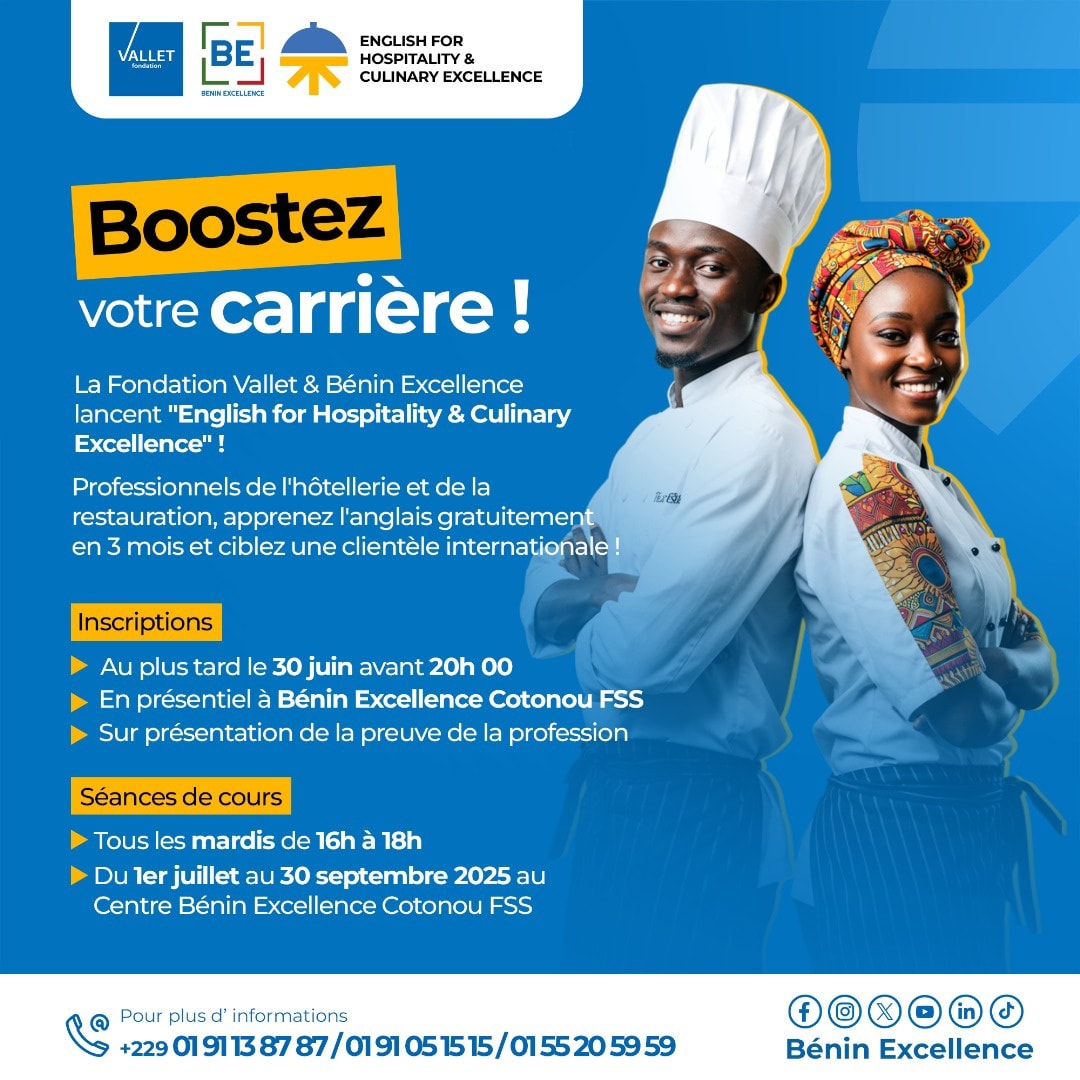 📷 Professionnels de l'Hôtellerie-Restauration : Affinez votre anglais pour une clientèle internationale ! 📷📷📷📷📷📷📷
📷 Inscrivez-vous AU PLUS TARD le 30 juin avant 20h00 à Bénin Excellence Cotonou FSS.
#AnglaisPro #FormationGratuite
#Hôtellerie
#Restauration