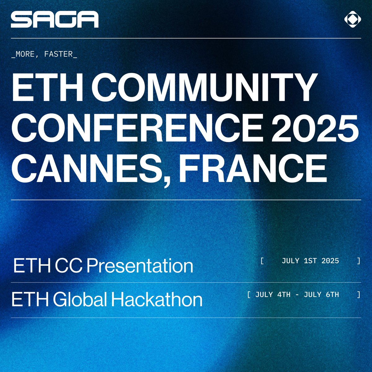 Saga is deepening its alignment with the Ethereum community.

 → <a href="/beccaliao/">Rebecca Liao ⛋</a> speaks on the mainstage at <a href="/EthCC/">EthCC - Ethereum Community Conference</a>, sharing how Saga scales infra to meet Ethereum’s future.

 → We’re joining the <a href="/ETHGlobal/">ETHGlobal</a> Cannes Hackathon, July 4–6.

Modular, EVM-native, Ethereum-aligned.