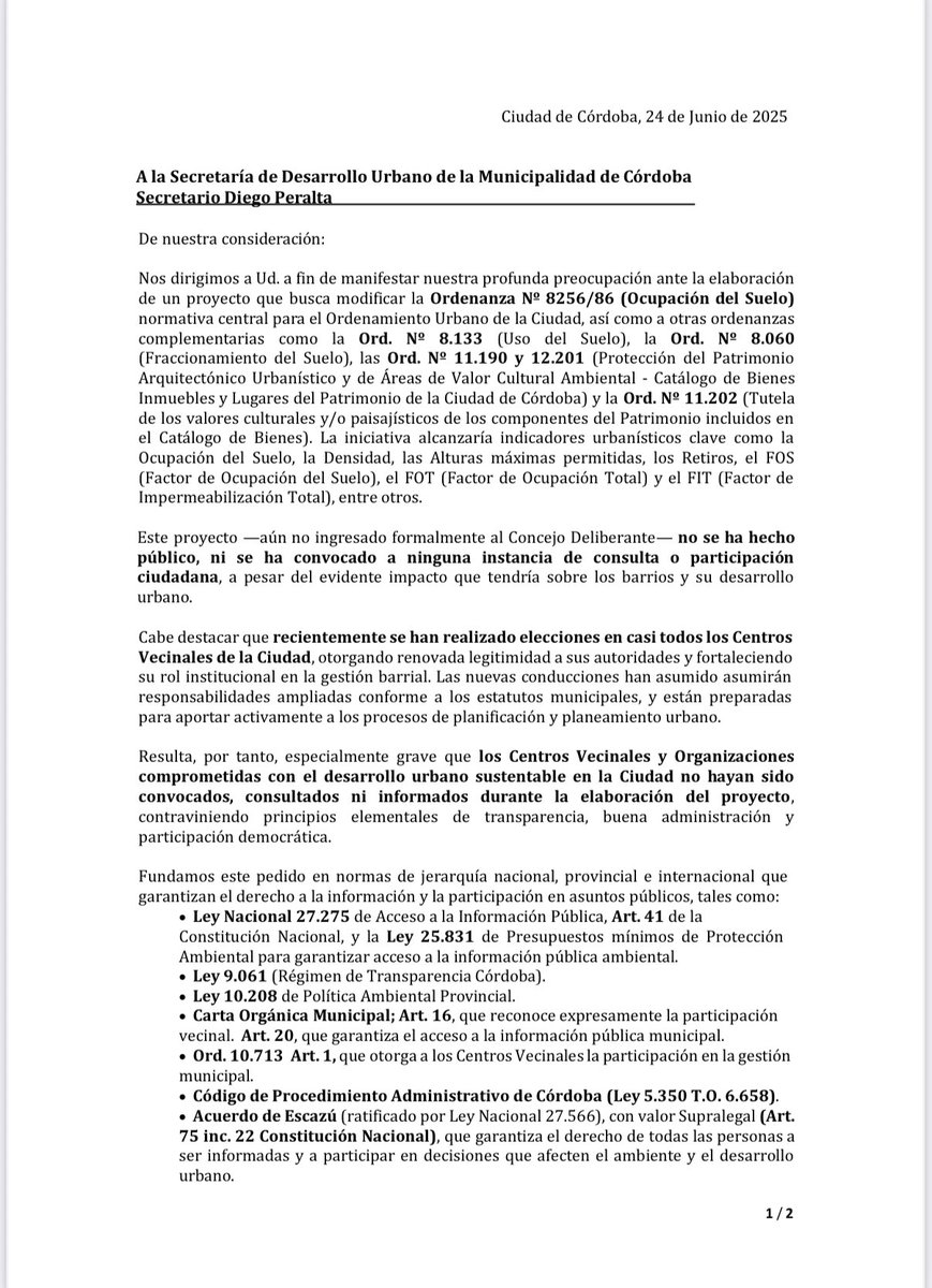 Warcalde's tweet photo. A propósito del proyecto de modificación de la ordenanza urbanística de la ciudad, los Centros Vecinales firmantes de la nota a la Secretaría de Desarrollo Urbano solicitamos poder participar de la iniciativa para que los aportes de los vecinos puedan ser tenidos en cuenta. https://t.co/R9dItTeucf