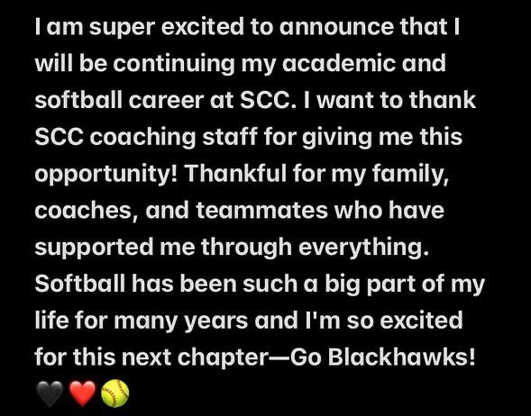 *** COMMIT ALERT ***

Congratulations to <a href="/Jazzy_Poole08/">Jazzlynn</a> (Bettendorf HS) '26  on her verbal commitment to Southeastern Community College- SCC
to continue both her athletic and academic career!!!! 

Congratulations!!!! We are so beyond pround and excited for you!!

Go Blackhawks!!
