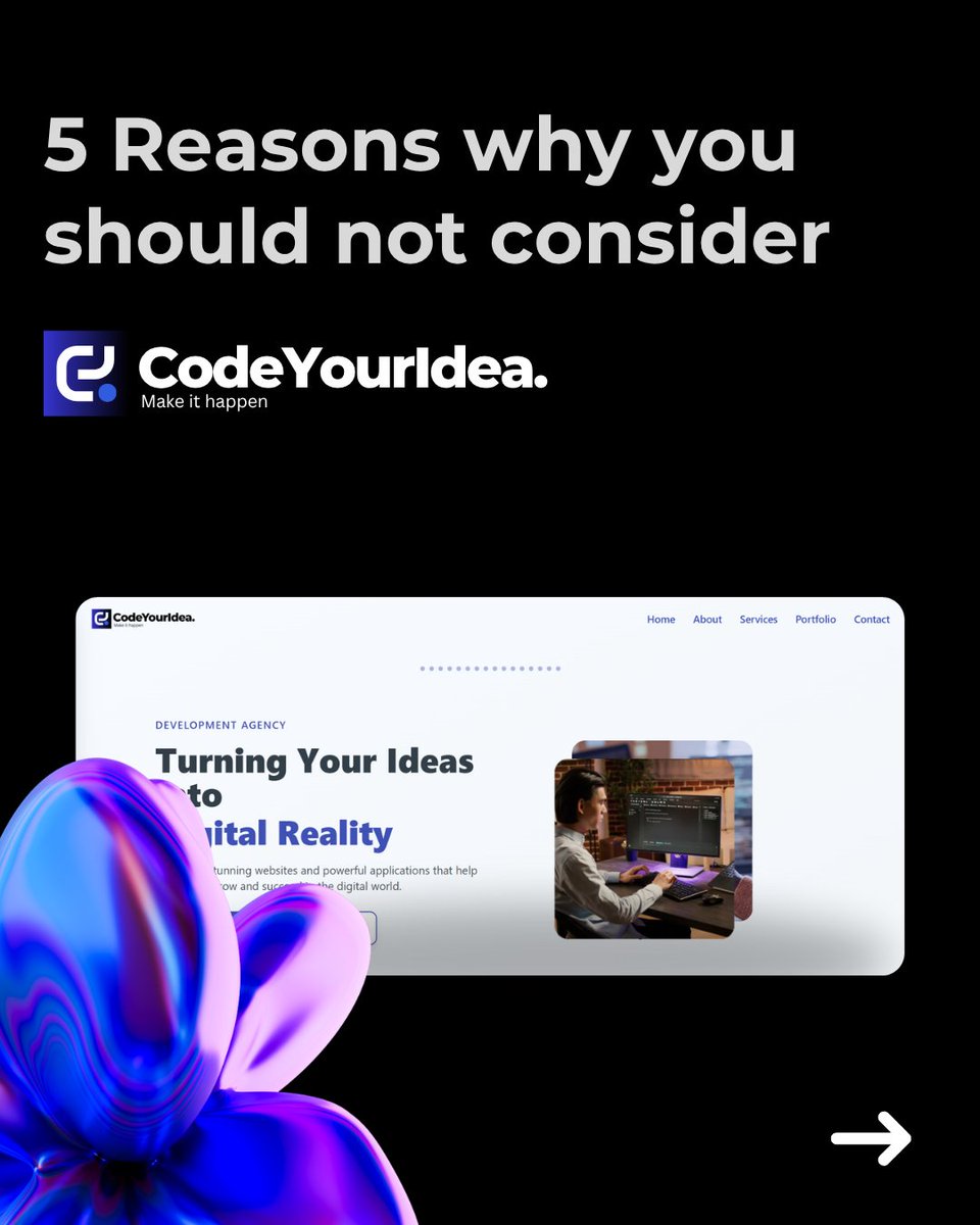 codeyouridea_'s tweet image. 5 Reasons why you should NOT ❌ consider us 🤧
#CodeYourIdea #BuildBetterWebsites #ScalableSolutions #TechThatDelivers #BusinessAutomation #DigitalTransformation #UserExperience #CodeWithPurpose