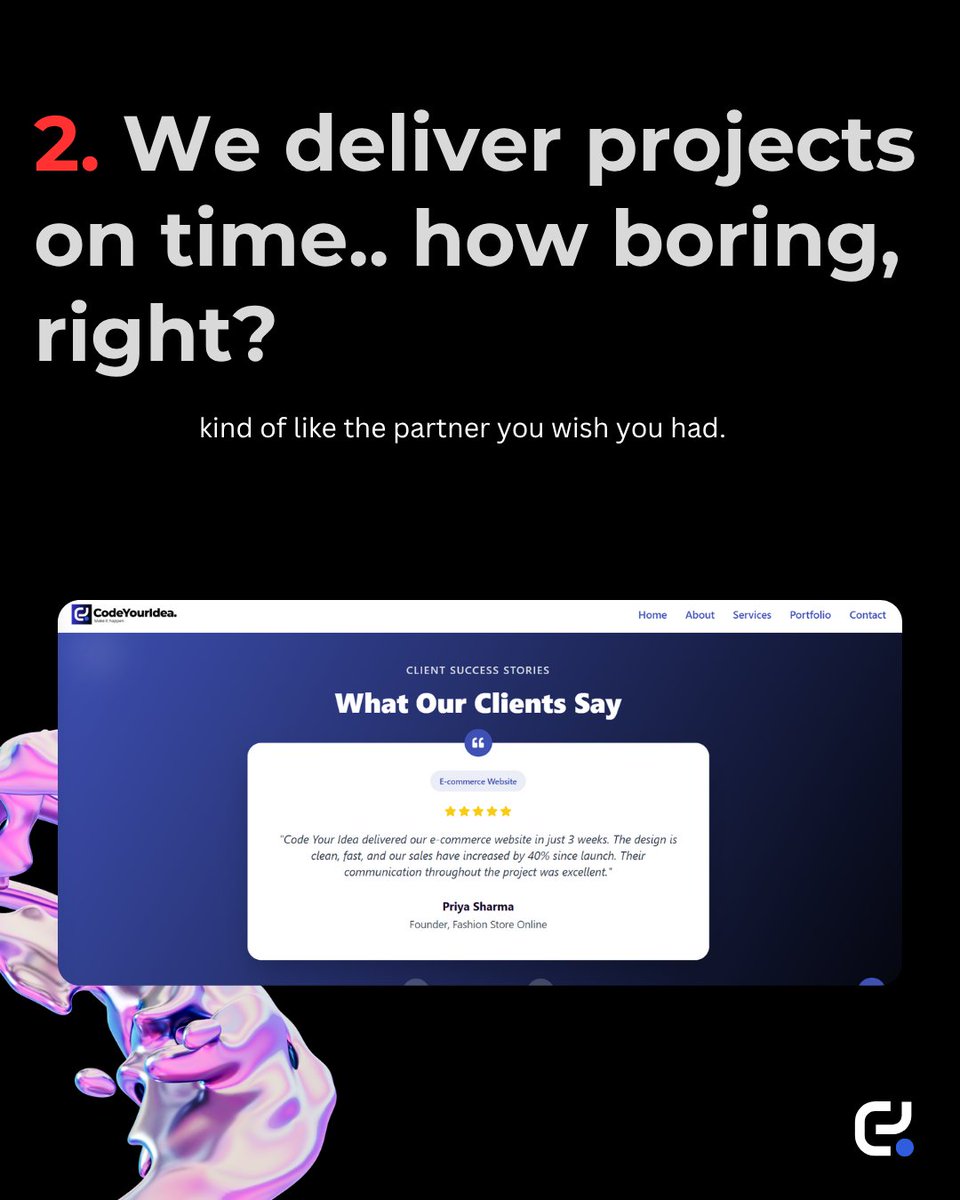 codeyouridea_'s tweet image. 5 Reasons why you should NOT ❌ consider us 🤧
#CodeYourIdea #BuildBetterWebsites #ScalableSolutions #TechThatDelivers #BusinessAutomation #DigitalTransformation #UserExperience #CodeWithPurpose