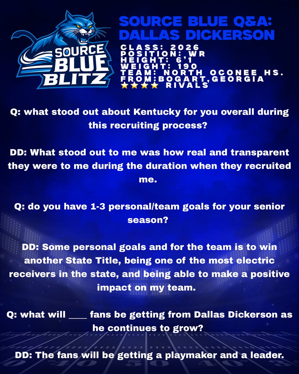 NEW INTERVIEW: Dallas Dickerson.
(Vol.002) <a href="/DallasDickers14/">Dallas Dickerson</a>

4⭐️ WR is making his commitment 2:30pm est, today. UK, GT, OU are the final 3. Playmaker.

Dallas very graciously agreed to an interview with us in Source Blue!

Thank you for your time Dallas!
#BBN #KentuckyFootball