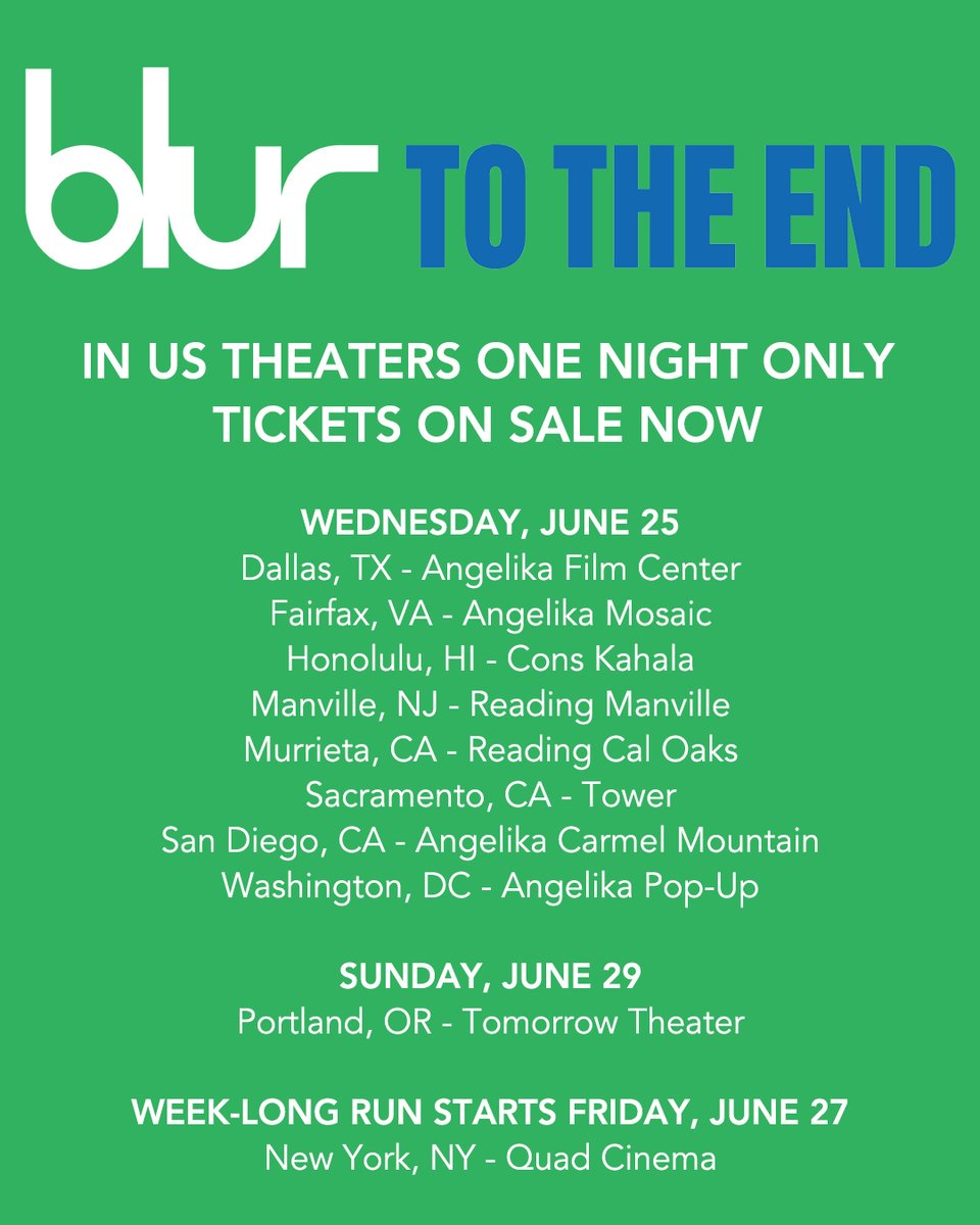 GreenwichET's tweet image. Join us for BLUR: TO THE END select one night only screenings starting tomorrow.
Get your 🎟️ today!
bit.ly/blurTotheEndMo…
#blurTotheEnd