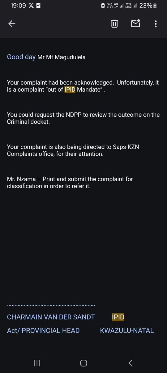 magic_thabani's tweet photo. @RSA_IPID Kindly assist on this (Kzn )matter. 

The member was instructed to prepare this complaint on 22/04/2025, but until today nothing has been done, and Mr Nzama is refusing to do as instructed on the attached.

 I kindly seek your intervention. 

Thank you
Mr Mt Magudulelaì https://t.co/VnCjENnHAu