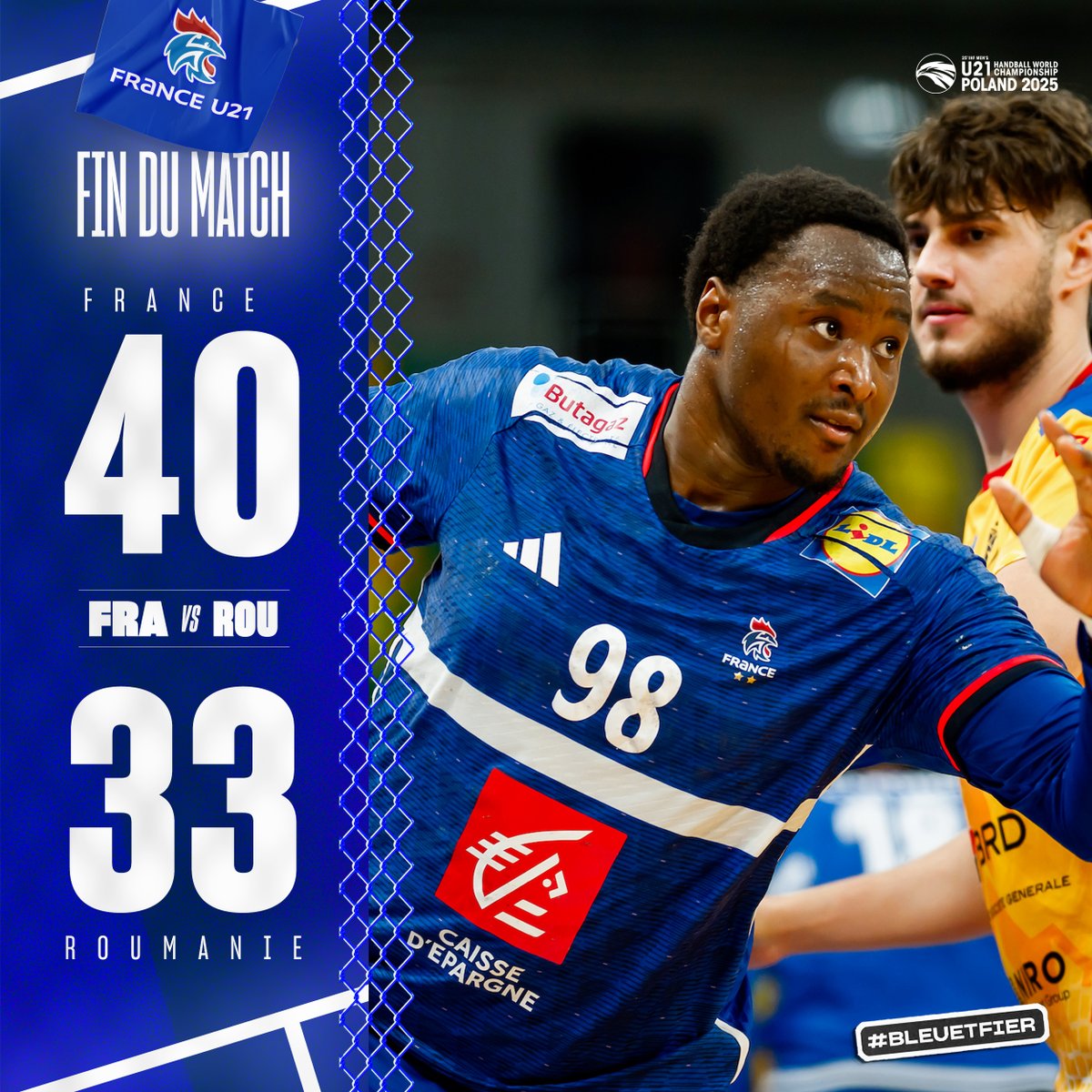 Une belle victoire pour terminer ce tour principal ! 💪

L’équipe de France U21 remporte son match face à la Roumanie (40-33) et termine 3ème de sa poule.

Les Bleus se battront donc pour une 9ème place dès jeudi face à l’Autriche 🔜

#BleuetFier
