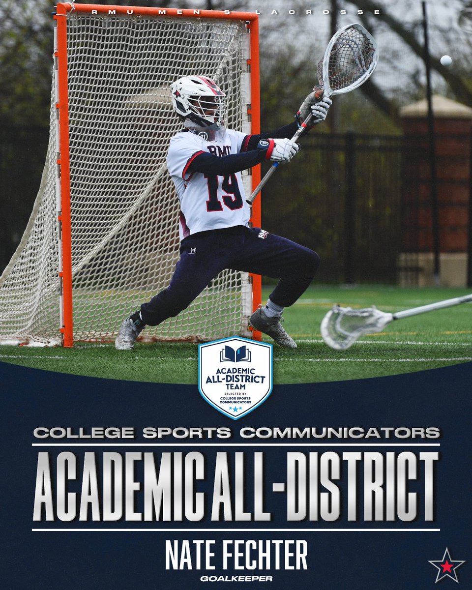 RMUMLacrosse's tweet photo. Making saves and making grades! @natefechter has been named to the @CollSportsComm Academic All-District® At-Large Team! #BobbyMo 

🔗: https://t.co/pB66ZMe79x https://t.co/0k3Vl2t2Wy