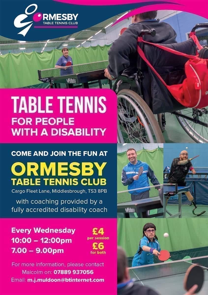 Disability 🏓

Looking for a way to spend your Wednesday? 

We have a double session at the club, a welcoming, friendly atmosphere guaranteed! 

🏟️TS3 8PB, Cargo Fleet Lane, Middlesbrough!