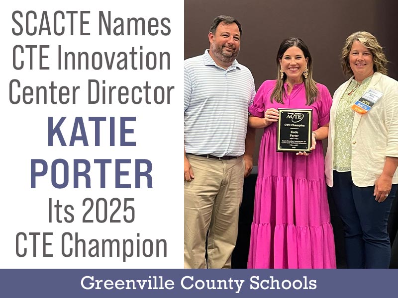 Greenville County Schools (@gcschools) on Twitter photo Congratulations! The South Carolina Association for Career and Technical Education named <a href="/cte_innovation/">CTE Innovation Center at Roper Mt.</a> Center director Katie Porter its 2025 CTE Champion. She was celebrated for her ability to lead with passion and vision, advocate for CTE and positively impact students. Congratulations! The South Carolina Association for Career and Technical Education named <a href="/cte_innovation/">CTE Innovation Center at Roper Mt.</a> Center director Katie Porter its 2025 CTE Champion. She was celebrated for her ability to lead with passion and vision, advocate for CTE and positively impact students.