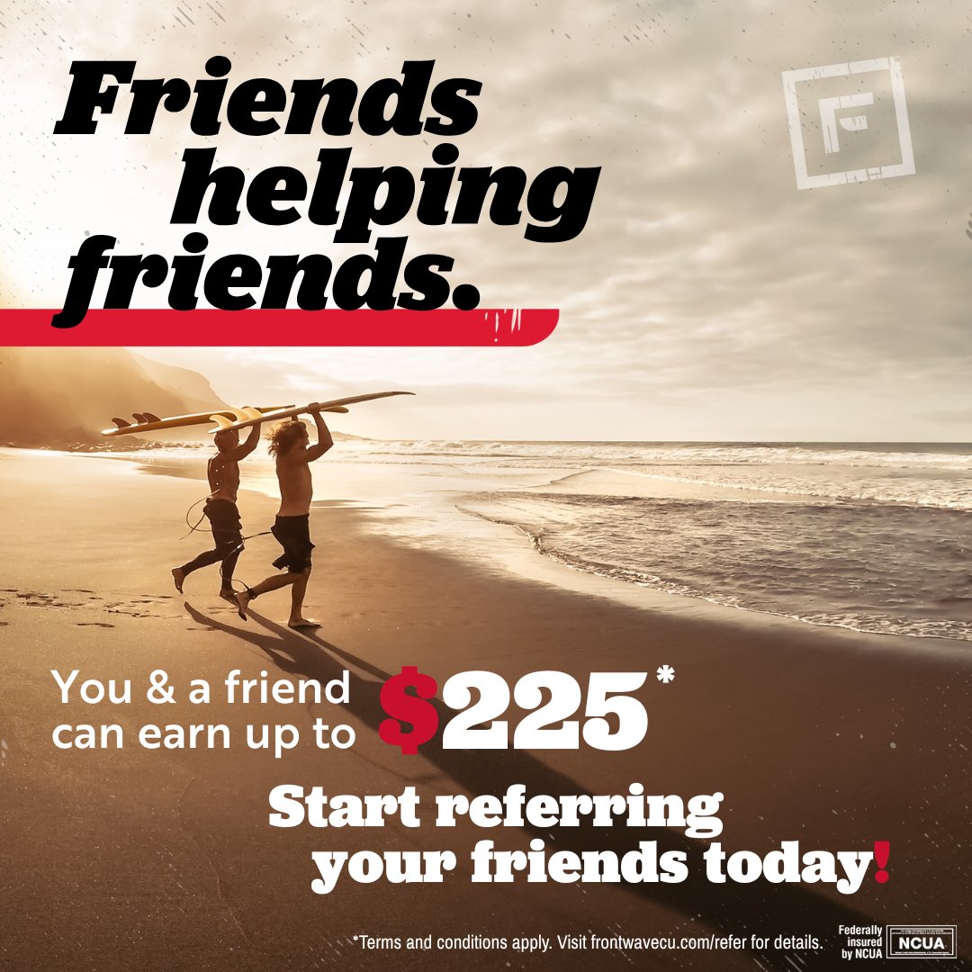 Got a friend’s back? 💸 

Refer a friend to Frontwave Credit Union &amp; you both can earn up to $225!* 💰
✅ $100 each for new Checking + Savings
✅ Extra $125 for a loan

👉 *Get the details: hubs.li/Q03t3Sj60

#FrontwaveReferral #FrontwaveCU #ReferralRewards #BetterBanking