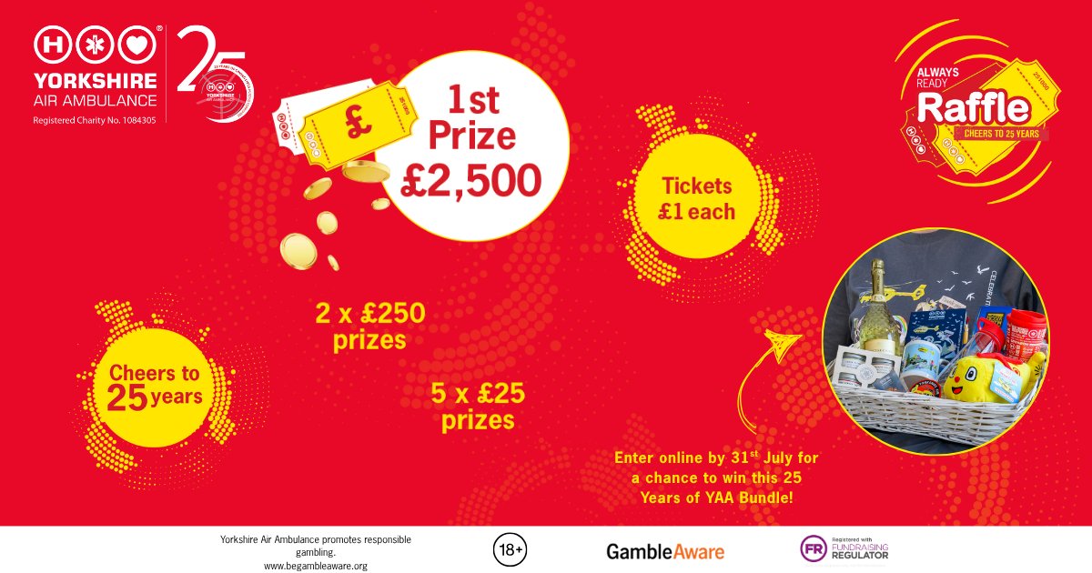 🌟 CHEERS TO 25 YEARS! 🌟

Fancy getting your hands on £2,500? Play our Always Ready Raffle for just £1 and you might be our lucky winner!!  

There's also the chance to win; 
 💷 2 x £250
 💷 5 x £25

Enter now at yaa.org.uk/raffle/?affili… 
 
#AlwaysReadyRaffle