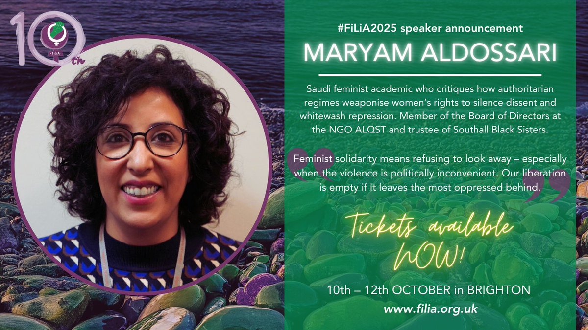 #FiLiA2025 speaker news!

MARYAM ALDOSSARI, <a href="/maryam_dh/">Maryam Aldossari</a> #Saudi feminist academic who critiques how authoritarian regimes weaponise women’s rights to silence dissent &amp; whitewash repression is coming to #FiLiA2025

🎟️ filia.org.uk/tickets

#Feminist #Activist