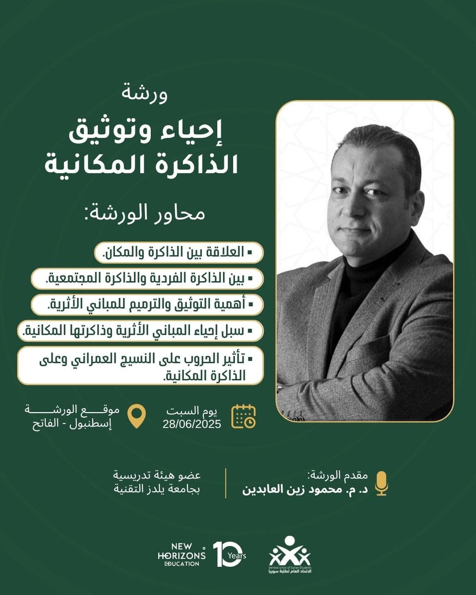 بدعوة من الاتحاد العام لطلبة سورية، مكتب اتحاد إسطنبول، سأقوم بتنظيم ورشة عمل بعنوان: "إحياء وتوثيق الذاكرة المكانية". وتهدف هذه الورشة إلى استرجاع الذاكرة المكانية لدى المشاركين فيها، من خلال الاستعانة بالأحداث العالقة بالأذهان، أو بالصور والرسومات والكتابات المتعلقة بذكرياتهم .