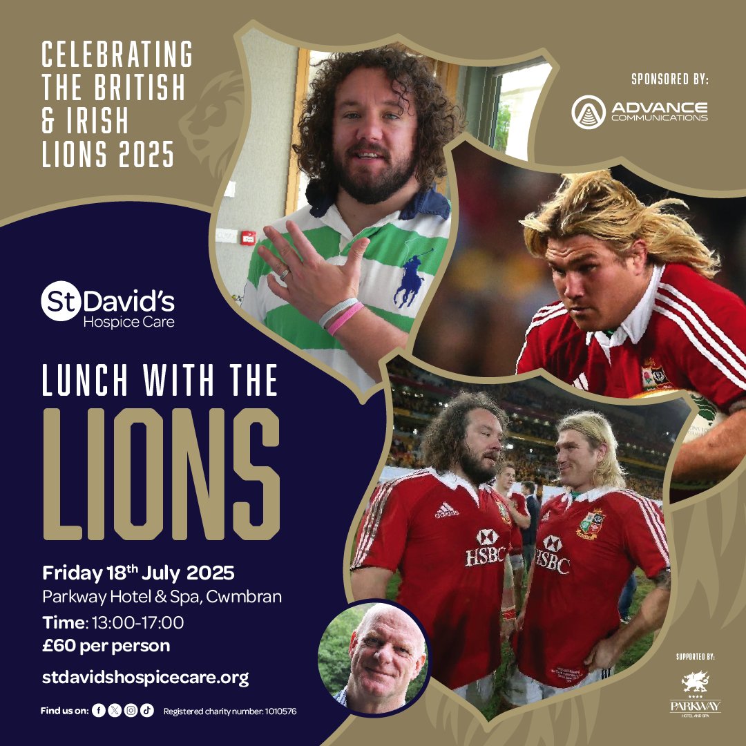 🏉 Join us for the ‘British and Irish Lions Lunch’ on July 18th with rugby legends Adam Jones, Richard Hibbard, &amp; Phil Steele! 

🔗 Get tickets here: stdavidshospicecare.org/events/our-eve…

#StDavidsHospiceCare #SDHC #LunchWithTheLions2025 #RugbyLegends #Fundraising #WorthyCause