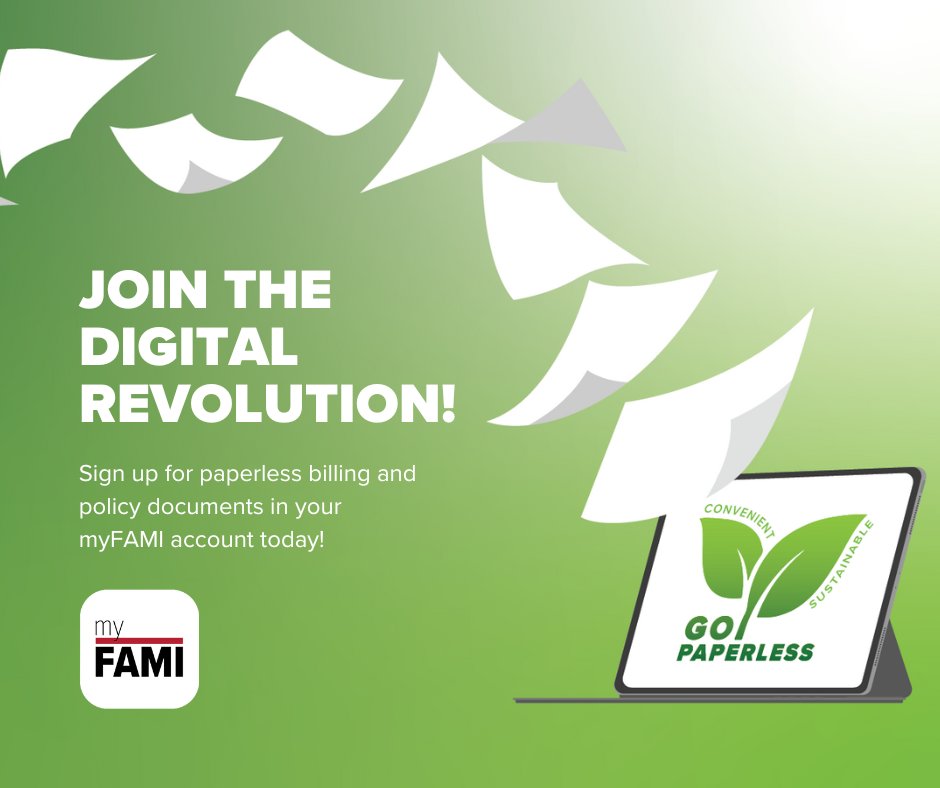 farmersalliance's tweet image. Go green and paperless! 🌿 At FAMI, we make it easy for policyholders to access billing and policy docs. Sign up in the myFAMI portal or app for paperless billing. #PaperlessBilling #GoGreen customer.fami.com/myfami/public/…