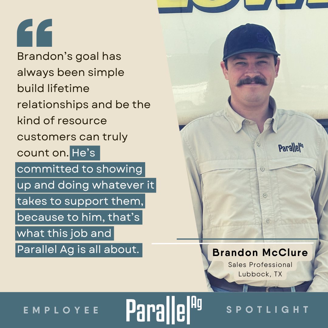 Brandon McClure has chased wheat harvest across state lines, slept in a service truck, and still shows up ready to help. Now he’s in Lubbock building real relationships with the ag community and we’re proud to have him on the Parallel Ag team.