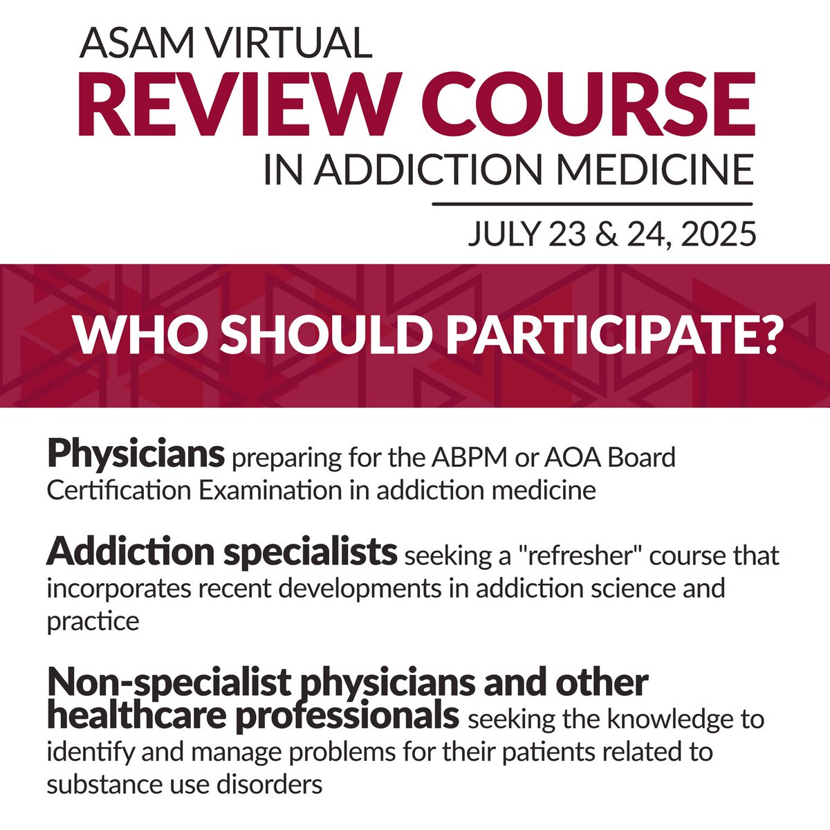 One month to go until this year's ASAM Virtual Review Course. Learn more and register now &gt;&gt; ow.ly/EbCW50Wfb9P 

#ASAM #ReviewCourse #AddictionMedicine #AddictionTreatment
