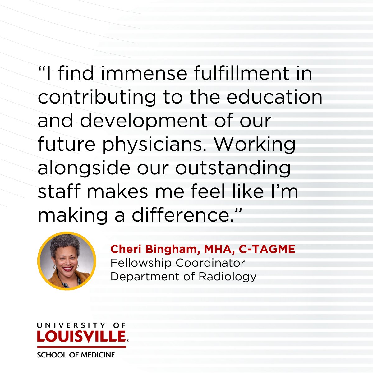 Staff like Cheri Bingham keep ULSOM running strong. As a residency/fellowship program admin in @uoflradiology, she’s helped shape future physicians for 19 years. As we kick off orientation, thank you to ALL our program coordinators. You make it possible!

ow.ly/g7aC50Wfnnk