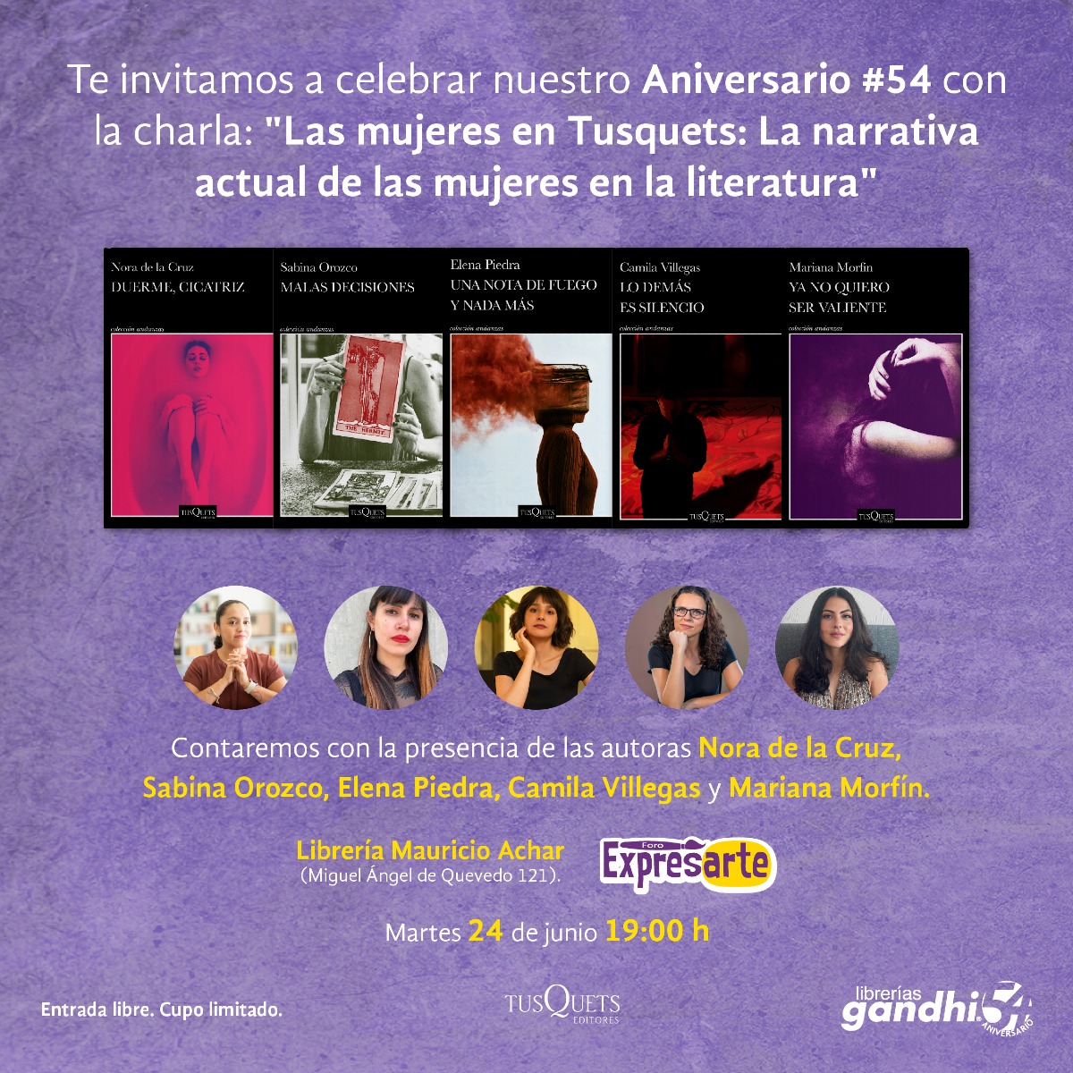Tusquets Editores México (@tusquetsmexico) on Twitter photo Los esperamos hoy para celebrar el 54 aniversario de
<a href="/LibreriasGandhi/">Librerías Gandhi</a> con cinco autoras de Tusquets que nos han impactado con sus libros: Nora de la Cruz, Sabina Orozco, Elena Piedra, Camila Villegas y Mariana Morfín. 🥳 Los esperamos hoy para celebrar el 54 aniversario de
<a href="/LibreriasGandhi/">Librerías Gandhi</a> con cinco autoras de Tusquets que nos han impactado con sus libros: Nora de la Cruz, Sabina Orozco, Elena Piedra, Camila Villegas y Mariana Morfín. 🥳