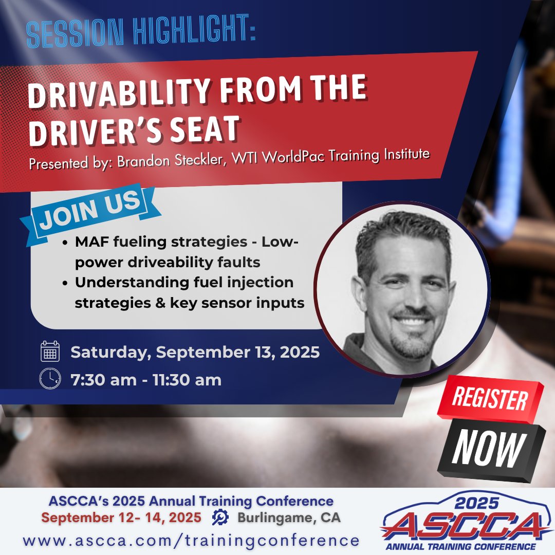 Register Today for ASCCA's Annual Training Conference!
📅 September 12-14, 2025 | 📍 Burlingame, CA

⭐ Session Highlight: Drivability from the Driver's Seat
Presented by: Brandon Steckler

➡️ Register today: ow.ly/B7Rt50WfBBn
➡️ Read more: ow.ly/Pvoz50WfBBm