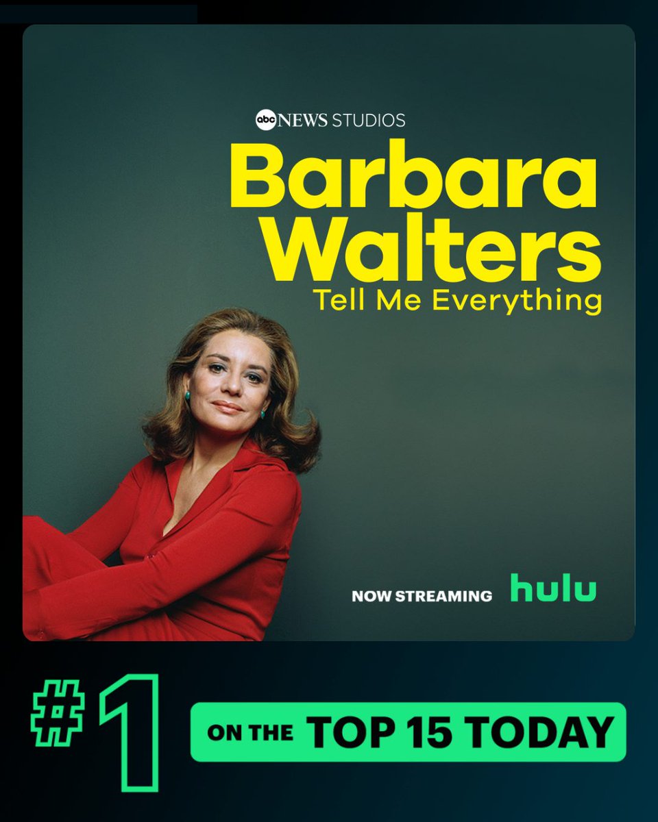 abcnewsstudios's tweet image. “Barbara Walters Tell Me Everything” is #1 on @Hulu!